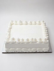 A simple, blank rectangular cake with white icing, perfect for decorating with your own message or design.  Ideal for birthdays, celebrations, or special occasions.