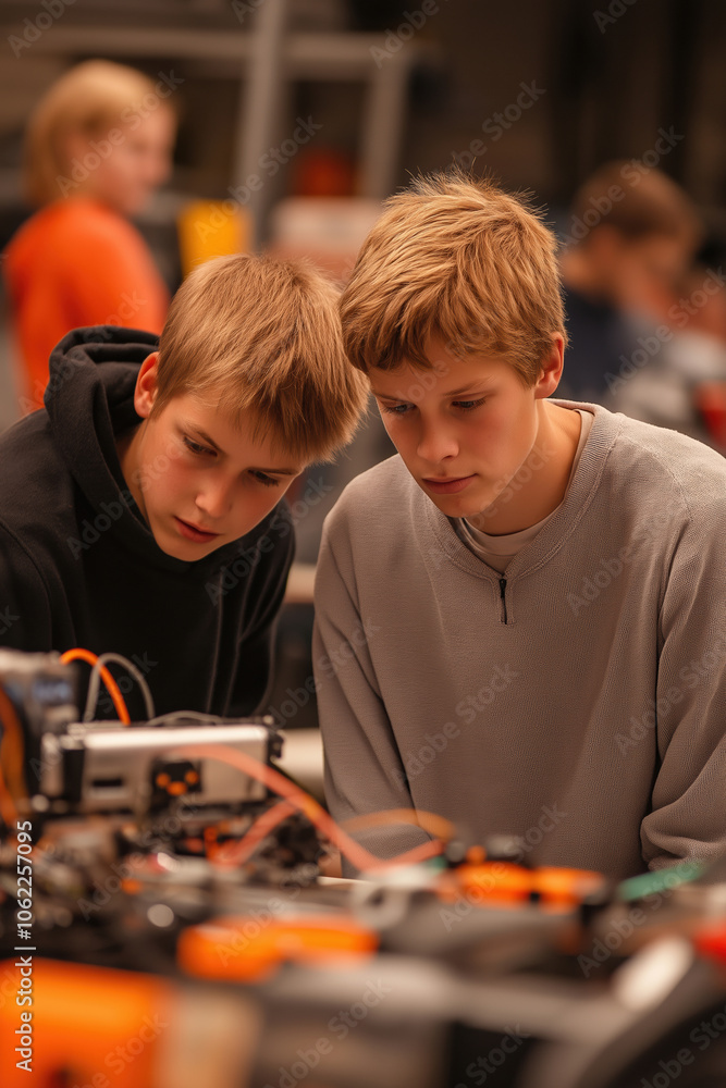 Aufkleber two boys working together on a robotics project in a workshop setting