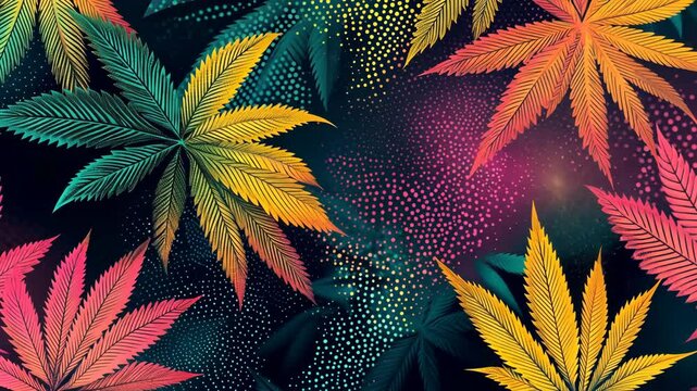 Colorful marijuana leaves against a dark background with a subtle dotted pattern