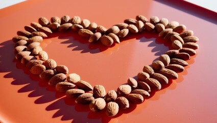 Heart Shape Formed by Raw Almonds on a Bright Orange Surface.