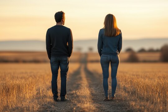 Couple walking away together down a dirt path in a golden field at sunset