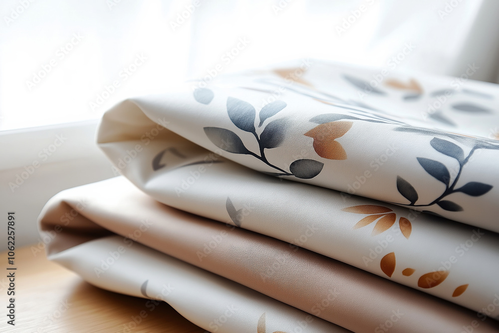 Poster soft fabric with leaf patterns neatly arranged beside a window in natural light
