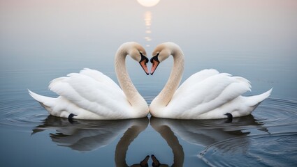 Swans Forming Heart Shape on Moonlit Pond.