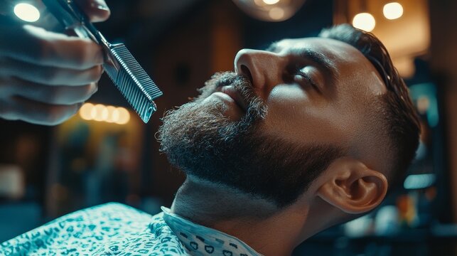 Male client with beard getting detailed grooming, emphasizing modern grooming techniques and professional care