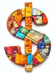 A vibrant and abstract mosaic dollar sign made from colorful materials, symbolizing wealth, prosperity, and the power of creativity.