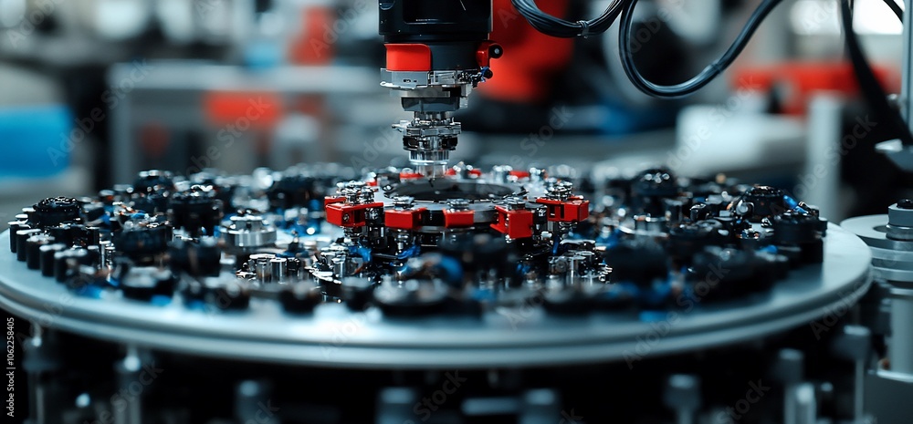 Poster Close-up of a robotic arm assembling components on a circular platform in a factory.