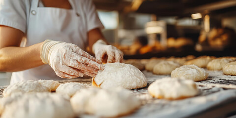 Baker's hands carefully place freshly baked bread on a cooling rack.