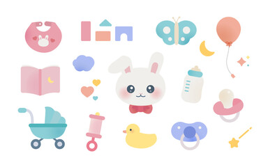 ベビーアイテムイラストセット（哺乳瓶、おしゃぶり、ベビーカー など）