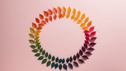 colorful gradient leaves forming a circle on a pastel pink background.