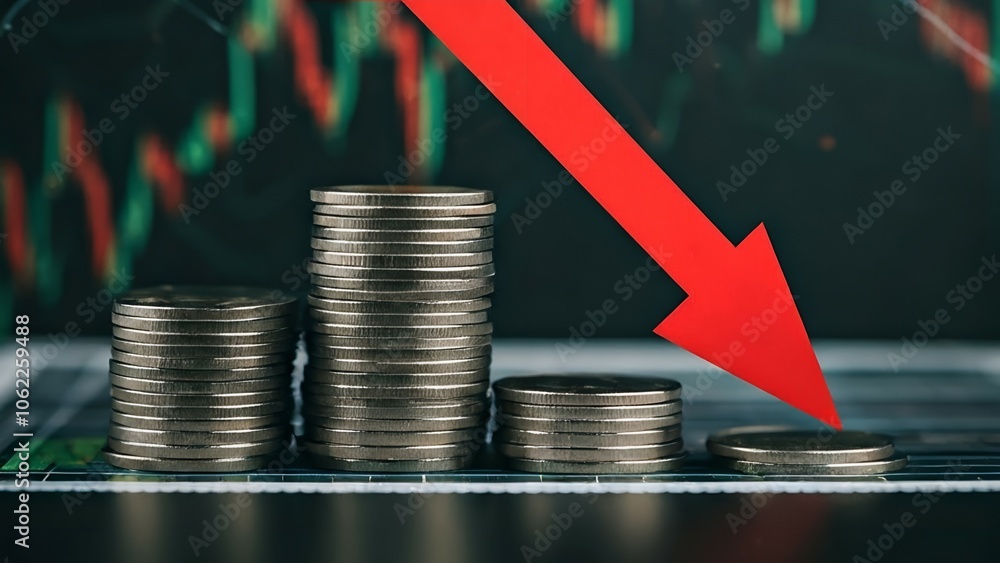 Poster stacks of coins with a red downward arrow against a backdrop of a declining stock chart.