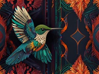 Illustrated hummingbird with vibrant feathers in teal, green, and orange, set against an intricate, decorative background with abstract floral patterns