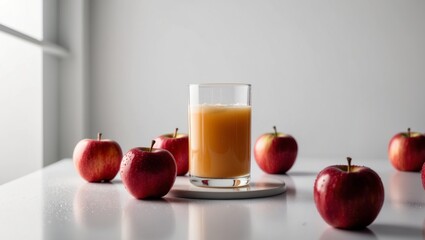 Freshly squeezed apple juice in a glass surrounded by ripe red apples on a white surface.