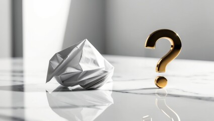 Crumbled paper with golden question mark on marble surface.