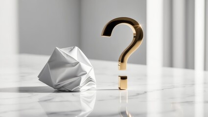 Crumbled paper with golden question mark on marble surface.