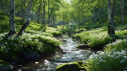 Obraz premium Tranquil Lake Scene in Forest, Surrounded by Peaceful Trees 