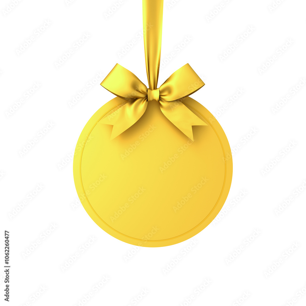 Aufkleber blank gold round sign mockup hanging with gold ribbon bow isolated on white background minimal conce