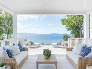 Obraz premium Coastal Living: Serene coastal home design, featuring a spacious porch with white wicker furniture, soft blue pillows, and a stunning ocean view.