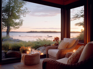 Sunset Serenity: A cozy living space bathed in the soft glow of twilight, with two plush armchairs facing a breathtaking view of a tranquil lake, inviting relaxation and contemplation. 