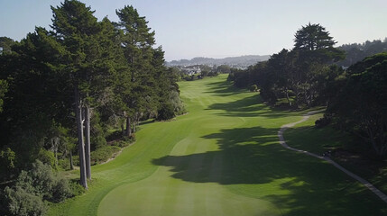Obraz premium aerial view of green golf course with trees and path on a sunny day