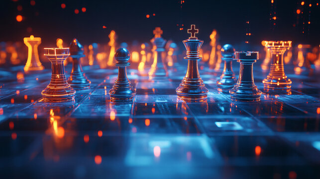 A stylized chessboard with futuristic pieces glowing, symbolizing strategic moves in a dynamic business environment, where adaptability is key. 