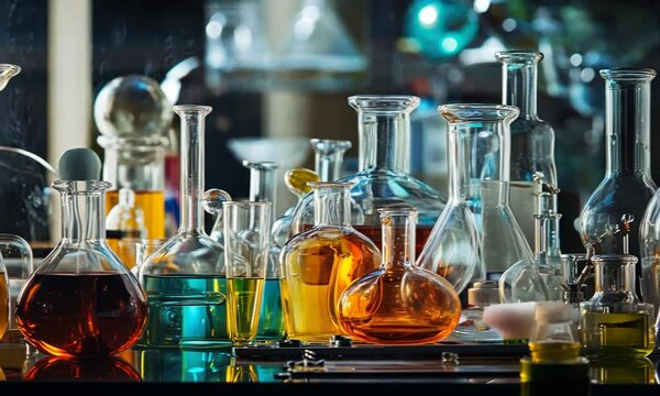 Colorful Flasks and Bottles in a Laboratory
