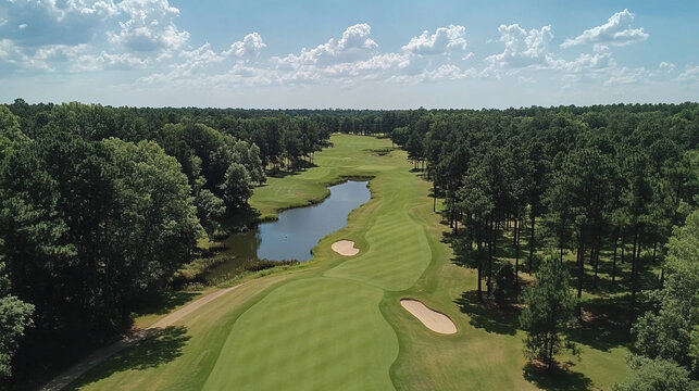 aerial view of golf course with green trees and a winding stream