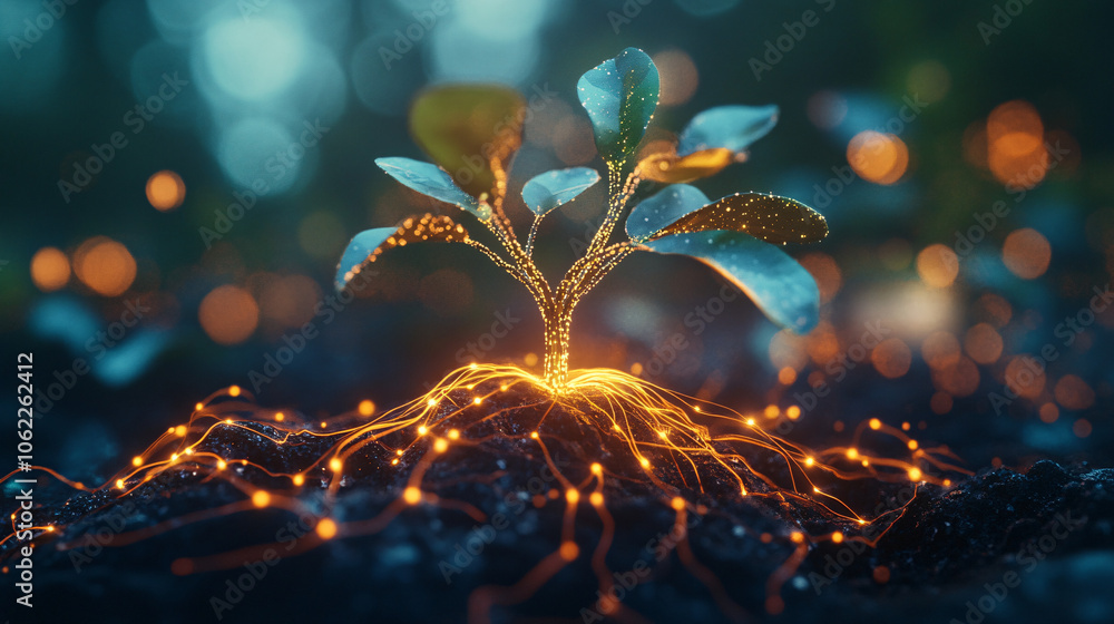 Poster a stylized digital plant with glowing roots connected to data nodes, symbolizing efficient resource 