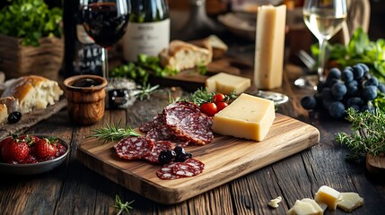 A wooden board on a rustic table is set with salami slices, cheese cubes, black olives, a sprig of rosemary, and cherry tomatoes.