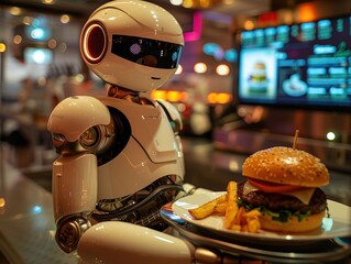 AI-Powered Robot Serving A Big Burger in a Futuristic Restaurant