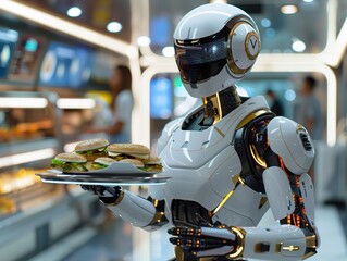 Fototapeta premium A humanoid robot serves a tray of burgers in a futuristic fast-food restaurant, showcasing the role of robotics and AI in the hospitality industry.