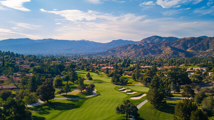 aerial view of a golf course in a mountainous landscape