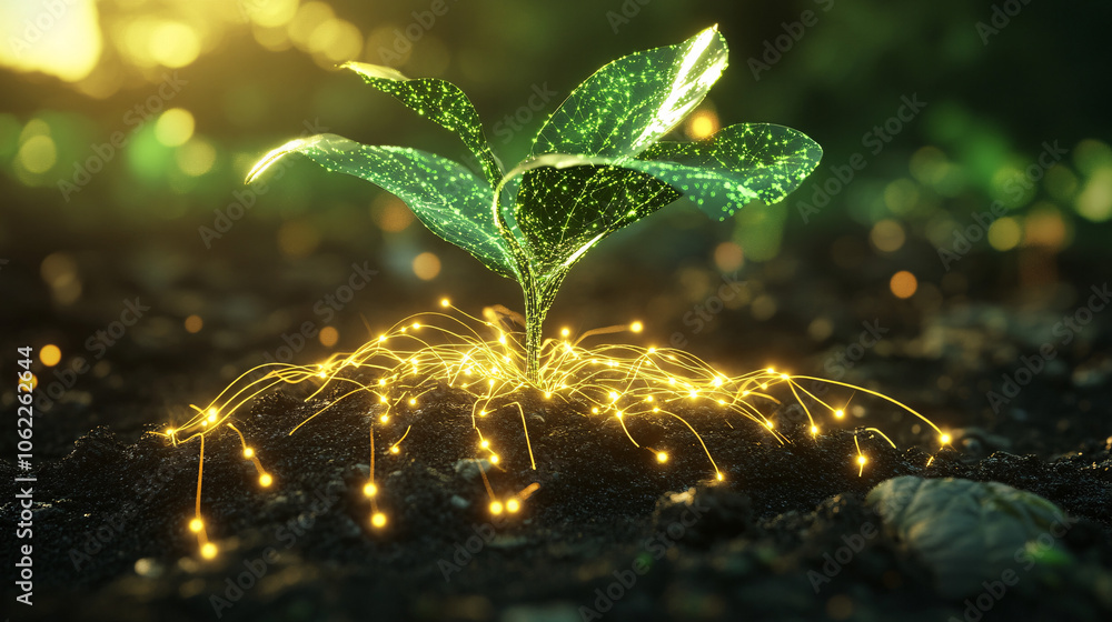 Poster a stylized digital plant with glowing roots connected to data nodes, symbolizing efficient resource 