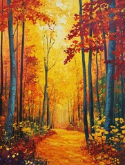 Fototapeta premium A picturesque path winds through a forest ablaze with vibrant autumn colors. The golden sunlight filters through the canopy, casting a warm glow on the red, orange, and yellow leaves. The path symbol