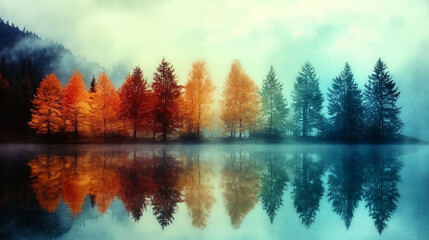 A serene lake reflecting the colors of autumn, with trees and a misty atmosphere.