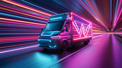 A stylized food truck zooming along a digital highway, with neon arrows indicating rapid delivery, agility in operations, and evolving customer demands. 