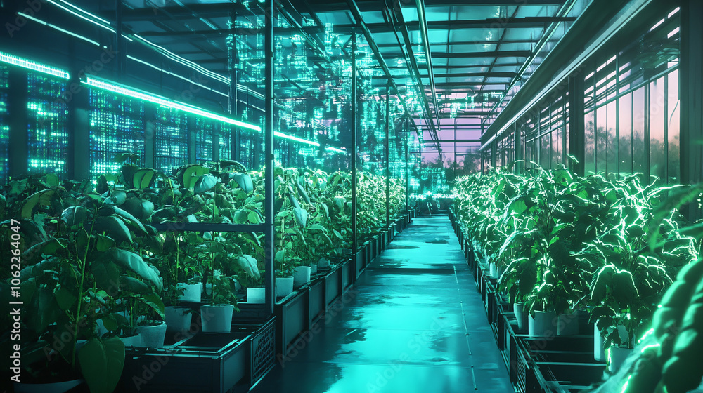 Poster a stylized greenhouse filled with glowing crops, where data streams adjust environmental conditions 