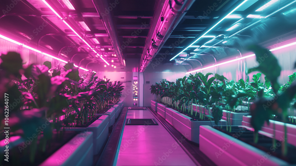 Poster a stylized greenhouse filled with glowing crops, where data streams adjust environmental conditions 