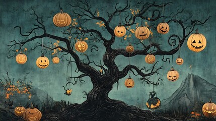 Halloween whimsical tree patterns with hanging ornaments