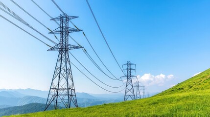 Power lines stretch across a green hillside under a clear blue sky, showcasing a serene landscape combined with utility infrastructure.