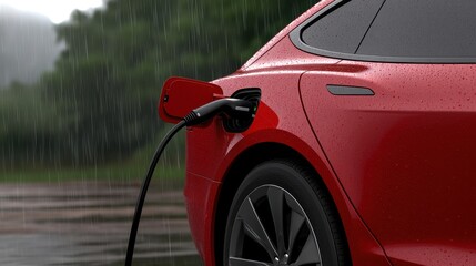 A red electric vehicle charging in the rain, showcasing modern automotive technology and the importance of sustainable energy.