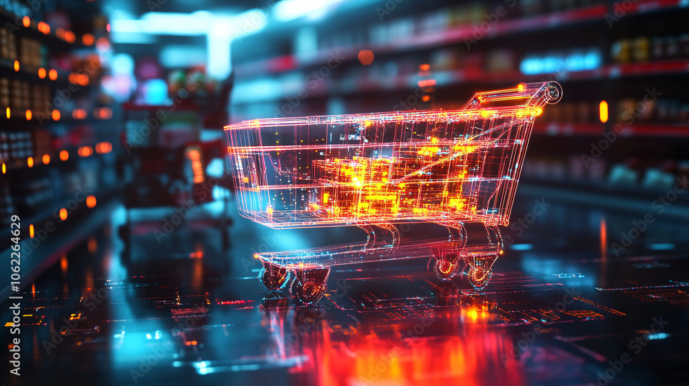 Poster a stylized grocery cart made from glowing circuits, speeding through a virtual supermarket with data