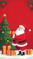 Christmas card, Santa Claus with gifts on a red background
