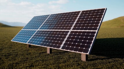 A solar panel positioned on grasslands, harnessing sunlight for energy in a scenic landscape.