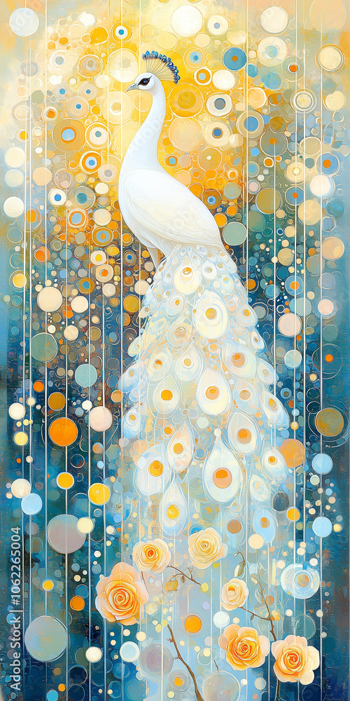 Poster artistic print featuring a white peacock and abstract circular patterns in golden and blue hues