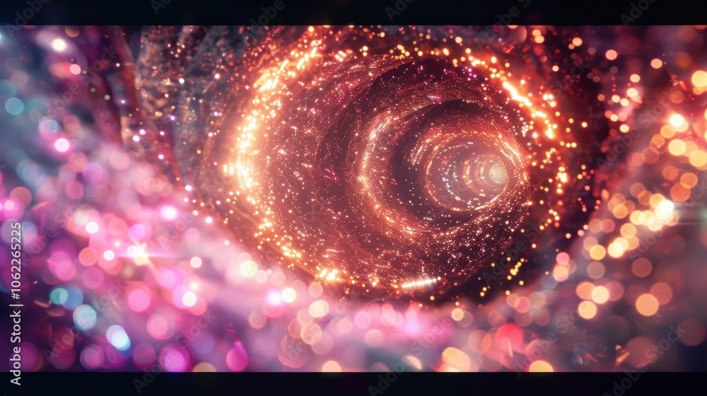 Poster abstract cosmic tunnel with vibrant glowing lights, colorful bokeh effects swirling in a dynamic mot