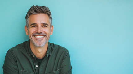 Fototapeta premium Warmly smiling middle-aged American man against a vibrant blue background indoors