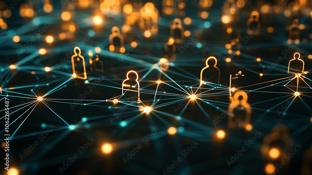 Poster a stylized network of client profiles connected to a professional team through glowing digital lines