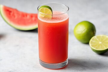 Fototapeta premium A refreshing cold-pressed watermelon juice with a hint of lime, offering a hydrating and cooling beverage that's perfect for summer days or post-exercise refreshment