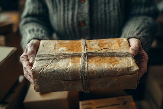 Old hands carefully holding a vintage parcel.