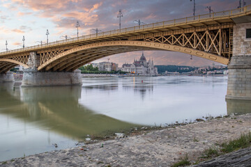 Bridge in the morning. One of the famous road bridges over the Danube. Landscape and architecture in the morning, Margit bridge, Margitsziget / Margit híd, Budapest, Hungary